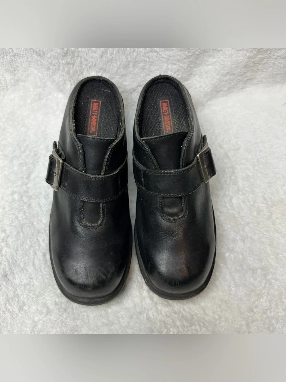 Harley-Davidson Black Leather Platform Clogs Mules Lug Sole Women’s Size 9